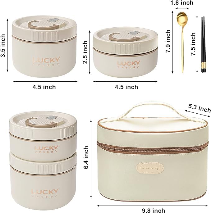 Portable Insulated Lunch Containers, Stainless Steel Bento Box Adult Lunch Box with Insulated Lunch Bag, 4 Separate Stackable Lunch Container for Adult, White…
