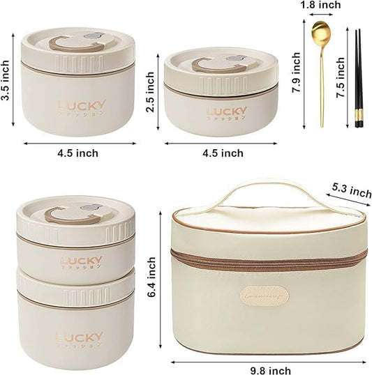 Portable Insulated Lunch Containers, Stainless Steel Bento Box Adult Lunch Box with Insulated Lunch Bag, 4 Separate Stackable Lunch Container for Adult, White…