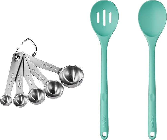 18/8 Stainless Steel Measuring Spoons Set for Dry and Liquid Ingredients (Set of 5), and 600ºF Heat Resistant Silicone Spoons, 13.3in Solid & Slotted Kitchen Mixing Tool (Aqua Sky)