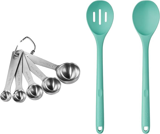 18/8 Stainless Steel Measuring Spoons Set for Dry and Liquid Ingredients (Set of 5), and 600ºF Heat Resistant Silicone Spoons, 13.3in Solid & Slotted Kitchen Mixing Tool (Aqua Sky)