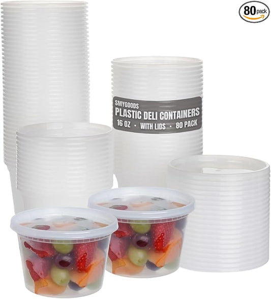 Smygoods 16oz Plastic Deli Containers with Lids - 80 Count, Stackable, BPA Free, Clear…