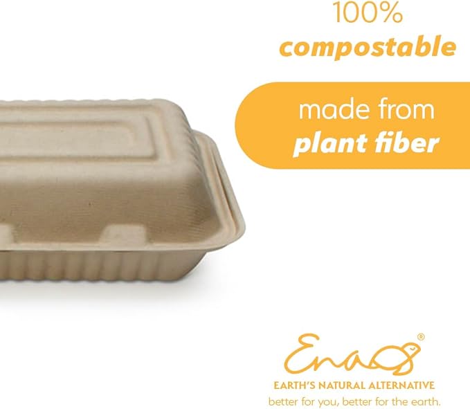 100% Compostable Disposable Food Containers with Lids [9”X6” 50 Pack] Eco-Friendly Take-Out TO-GO Containers, Heavy-Duty, Biodegradable, Unbleached by Earth's Natural Alternative