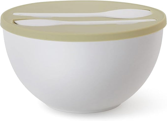 10" Large Salad Bowl with Sealed Lid & Serving Utensils,135Oz, White Big Bamboo Fiber Salad Serving Bowl with Servers for Mixing/Serving (Silicone Light Green Lid)