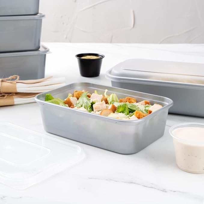 Restaurantware Futura 22 Ounce Meal Prep Containers With Lids 100 Microwavable To Go Containers - Disposable For Packaging Lunches or Take Out Orders Silver Plastic Food Containers With Lids