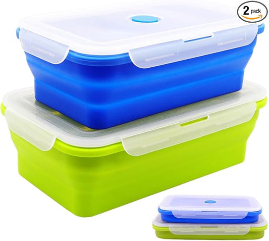 Set of 2 Extra Large Collapsible Silicone Food Storage Containers With Lids,82.8oz + 60.2oz Meal Box For Kitchen,Big Bento Lunch Boxes, Microwave,Dishwasher and Freezer Safe For Camping
