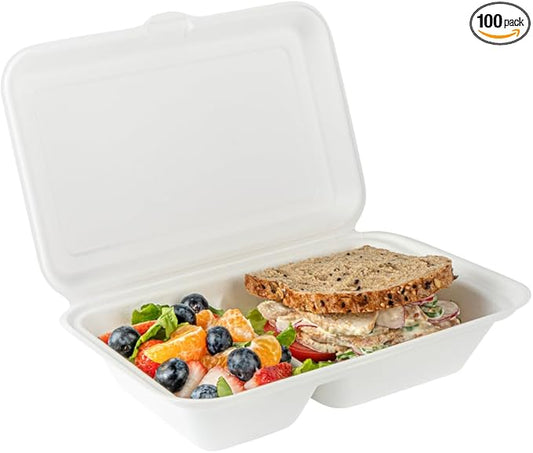 Restaurantware Pulp Safe No PFAS Added 34 Ounce Clamshell Boxes 100 Disposable Containers - Home Compostable 2 Compartments White Bagasse Containers Microwavable And Freezable Hinged Lid