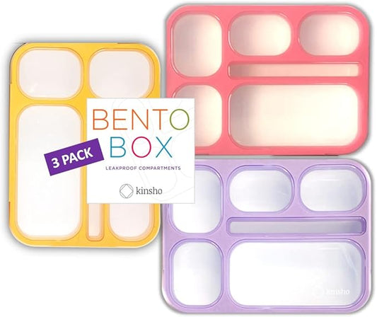 6 Compartment Lunch Boxes. Bento Box Lunchbox Snack Containers for Kids, Boys Girls Adults. School Daycare Meal Planning Portion Control Container. Leakproof BPA-Free. Set of 3, Pink Purple Orange
