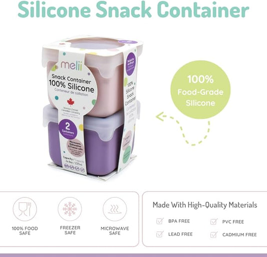 melii 100% Silicone Snack Container 2-Pack, 236ml/8oz per Container, Easy to Open Lid, Dishwasher, Microwave, Freezer safe, BPA Free - Pink and Purple