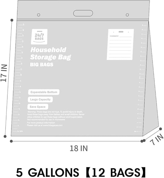 12 X-Large Plastic Storage Bags, 5 Gallons, Zero BPA, Double Zipper Seal, 3 Mils Thick, Double Layer Carry Handle, 18"x17"x7", Moving, Seasonal, Travel