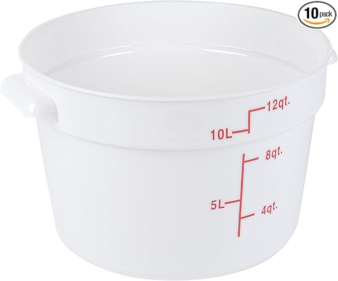 Restaurantware-Met Lux 12 Quart Food Storage Containers, 10 White Storage Containers - Lids Sold Separately, Red Volume Markers, Dishwashable Containers, Side Handles, For Storing Foods