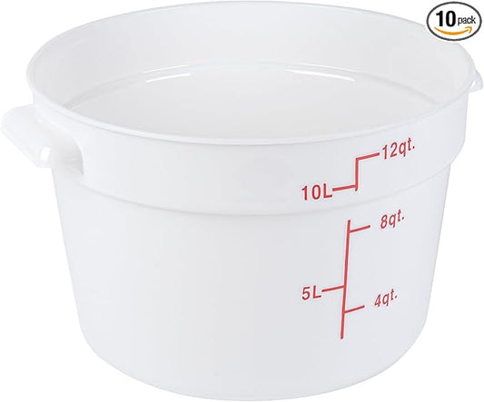Restaurantware-Met Lux 12 Quart Food Storage Containers, 10 White Storage Containers - Lids Sold Separately, Red Volume Markers, Dishwashable Containers, Side Handles, For Storing Foods