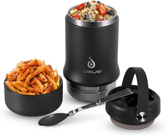 Ideus 20 oz Insulated Soup Thermo with Foldable Spolk and Bowl, All-in-one Stainless Steel Vacuum Thermal Food Jar for Lunch, Leakproof Bento Lunchbox Portable Soup Container, Black