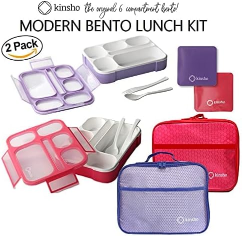 Bento Boxes with Bags and Ice Packs Set of 2. Lunch Box Snack Containers for Kids Boys Girls Adults. 6 Compartments, Leakproof Portion Container Insulated Bag for School Lunches, Pink, Purple