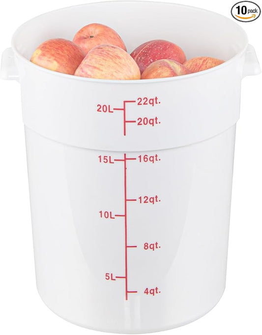 Restaurantware-Met Lux 22 Quart Food Storage Containers, 10 White Storage Containers - Lids Sold Separately, Red Volume Markers, Dishwashable Containers, Side Handles, For Storing Foods