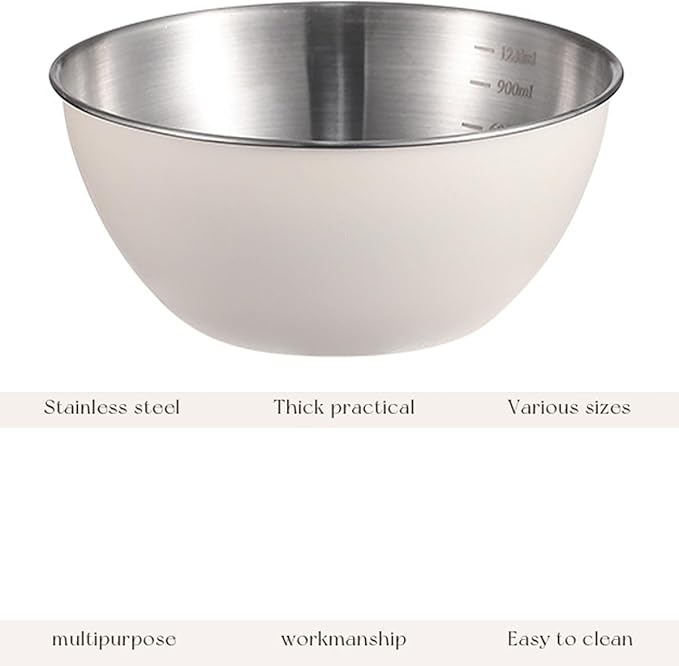 Stainless Steel Salad Bowls Set of 2 Mixing Bowl with Measurement Markings Snacks Bowls, 3.17 Quart White Serving Bowls for Mixing, Cooking, Baking, Prepping and Home Kitchen Food Storage Bowls
