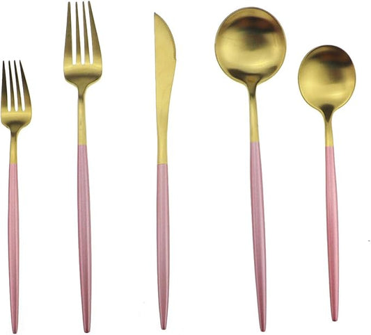 Gugrida Pink Gold Flatware, Royal 5 Piece Matte Pink Handle 18/10 Stainless Steel Tableware Sets for 1 Including Forks Spoons Knives, Camping Silverware Travel Utensils Set Cutlery (Pink Gold)