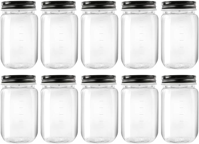 NovelinKs 16 Ounce Plastic Jars with Black Lids - Refillable Round Clear Containers - Storage for Kitchen & Household - BPA Free (10 Pack)