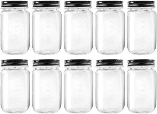 NovelinKs 16 Ounce Plastic Jars with Black Lids - Refillable Round Clear Containers - Storage for Kitchen & Household - BPA Free (10 Pack)