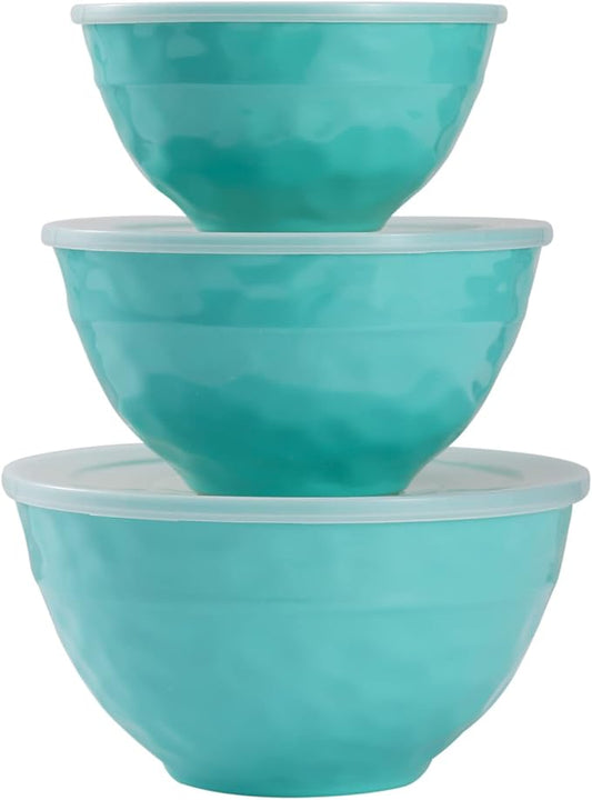 TP Mixing Bowls with Lids, 6-Piece Nesting Melamine Bowls Set for Prepping Serving Baking Cooking, Non Slip Bottom, Set of 3, Glossy Marbled Turquoise