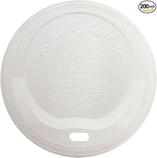 World Centric Compostable Cup Lids 10-20 oz - Made from Plants, Leak-Resistant - 200 Pack