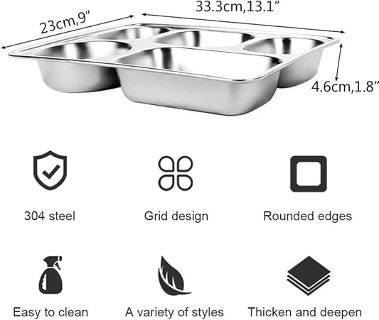 Large 13 inches Stainless Steel Rectangular Divided Plates,5 Sections Dinner Plates for Adults,Campers and Portion Control Lunch Container,2 Pack Unbreakable Rectangular Plates for Every Day Use