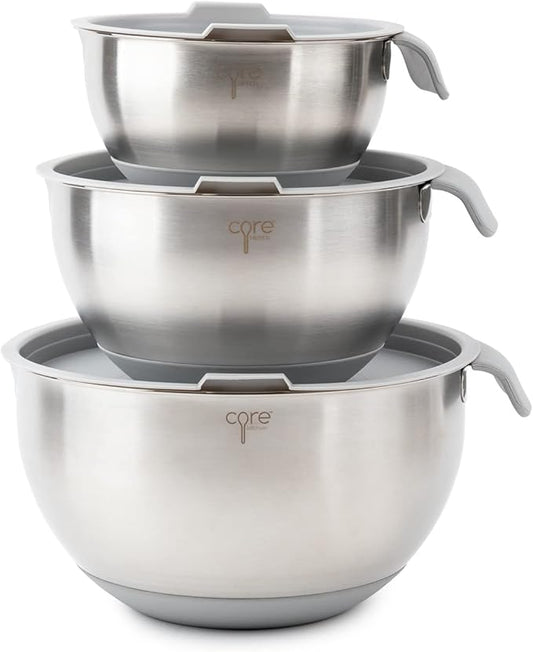 Core Kitchen Essentials Non-Skid Grey 9 x 5.5 Stainless Steel Mixing Bowls With Lids Set 3