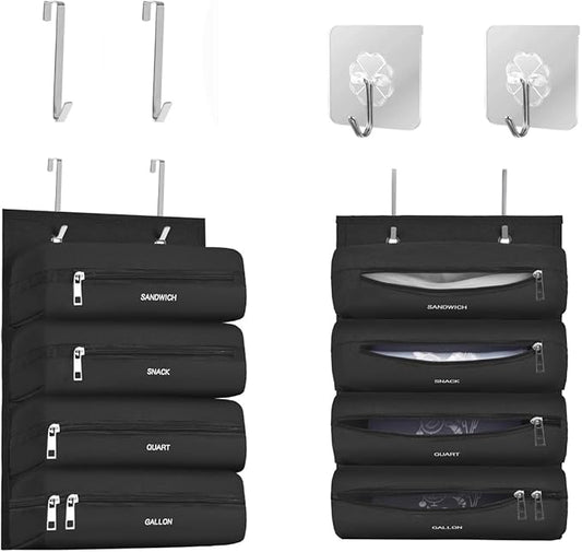 Zipper Bag Organizer Compatible with Gallon, Quart, Sandwich & Snack Food Storage Bag, Kitchen Plastic Bag Storage Organizer for Kitchen RV Camper (Black)
