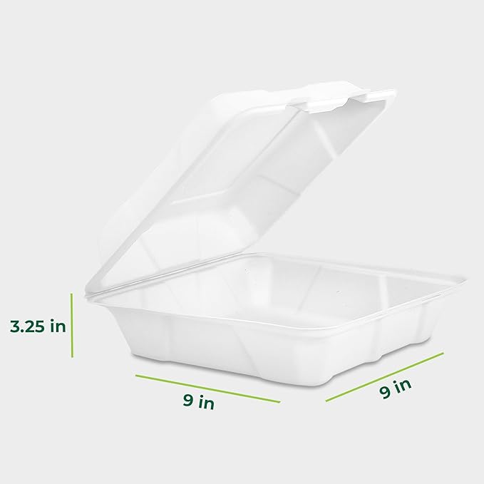 Freshware Clamshell Take Out Food Containers with Lids [9x9 200-Pack] Disposable To Go Containers, Biodegradable Sugarcane To Go Boxes - Paper Food Container - Microwave & Freezer Safe, Stackable