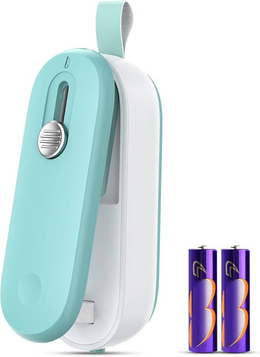 FEPPO Mini Bag Sealer, 2 in 1 Bag Sealer Heat Seal with Cutter and with Lanyard, Mini Bag Resealer Machine for Plastic Bags Snack Bags Food Storage (Batteries Included)