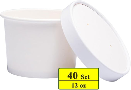 Paper Ice Cream Cups with Lids, Hot/Cold Soup Cups (White, 40, 12 oz)