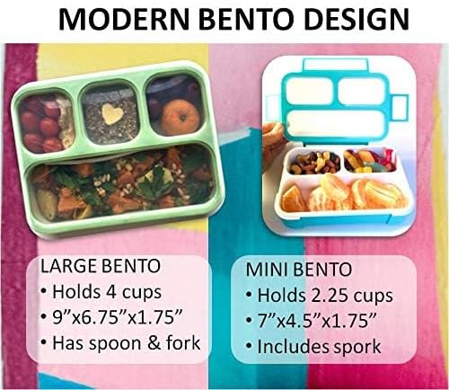 kinsho Leakproof Bento Lunch and Snack Boxes. Family Pack of 4 Meal Planning Portion Containers For Women, Adults. BPA Free. Utensils, Blue & Green (2 large + 2 Mini Lunch box)