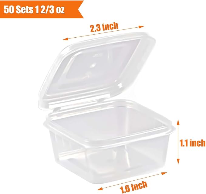 50 Sets 1 2/3 oz Square Shaped Jello Shot Cups with Lids, Small Condiment Containers, Disposable Portion Cups, Plastic Souffle Cup, Mini Sample Tasting Cups, Dipping Sauce Cup To Go Bowls, Clear