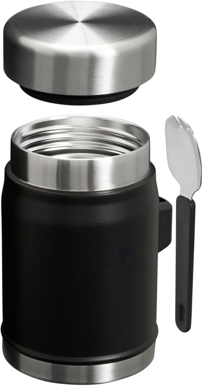 Stanley Classic Food Jar and Spork 14 oz | Vacuum Insulated Thermos Food Container | Wide Mouth Screw On Lid | Packable for Travel | Stainless Steel with Leakproof Lid | BPA-Free | Black 2.0