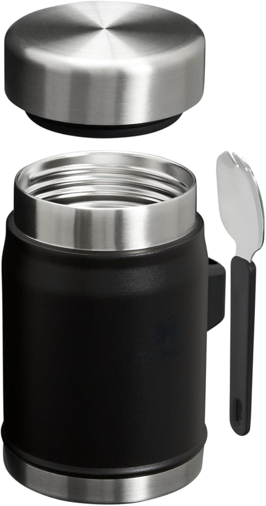 Stanley Classic Food Jar and Spork 14 oz | Vacuum Insulated Thermos Food Container | Wide Mouth Screw On Lid | Packable for Travel | Stainless Steel with Leakproof Lid | BPA-Free | Black 2.0