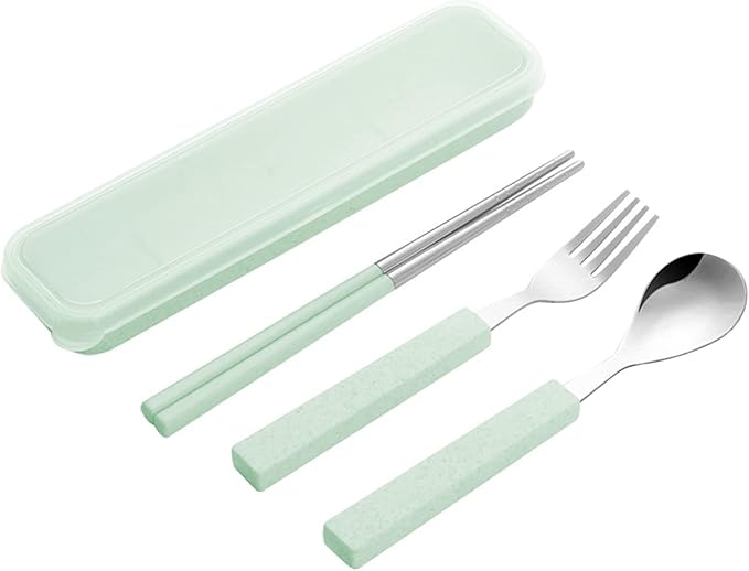 VANRA 3-Piece Children Utensils Set 18/8 Stainless Steel Child Flatware Set Silverware Spoon Fork Chopstick Set with Travel Case for Kids Lunch Box