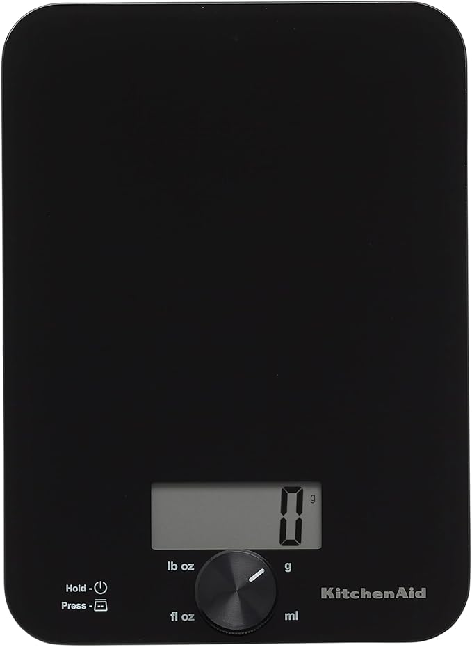 KitchenAid KQ914BA Digital Glass Top Kitchen and Food Scale, 11 lb Capacity, Measures Liquid & Dry Ingredients, Rotating Knob, Precise Results for Baking, Cooking, Keto and Meal Prep, Tare, Black