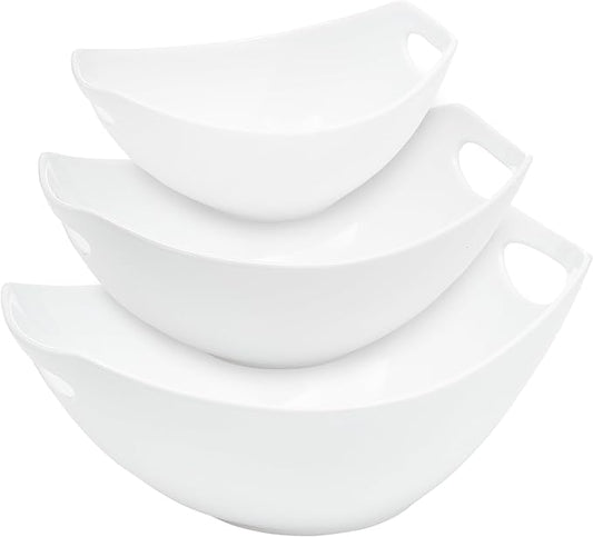 3 Piece Large Serving Bowls with Handle - 15, 28 & 39Oz Microwave and Dishwasher Safe Stoneware Fruit Bowl - Stylish Ceramic Bowls for Kitchen, Dinner Parties, Salad & Side Dishes (White)