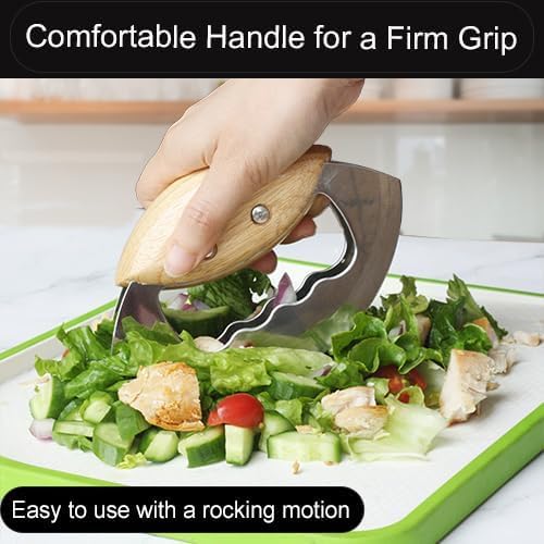 Mezzaluna Salad Chopper Tools with Protective Cover, Super Sharp Handheld Double Blade Chopping Knife, Stainless Steel Rocker Knife for Salad, Vegetable Mincing