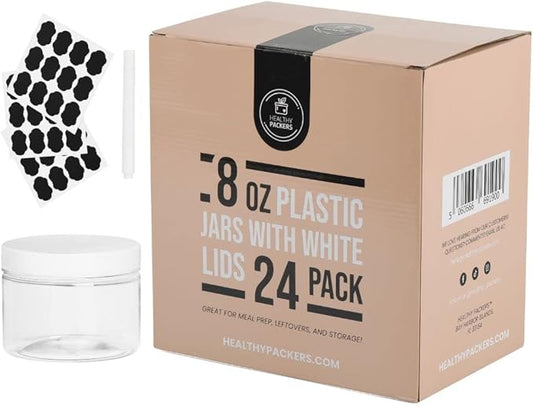 Healthy Packers 8oz Plastic Jars With Lids, Labels and White Marker - 24-Pack Small Plastic Containers with White Lids. Great for Slime, Lotion, Crafts, Travel General Storage