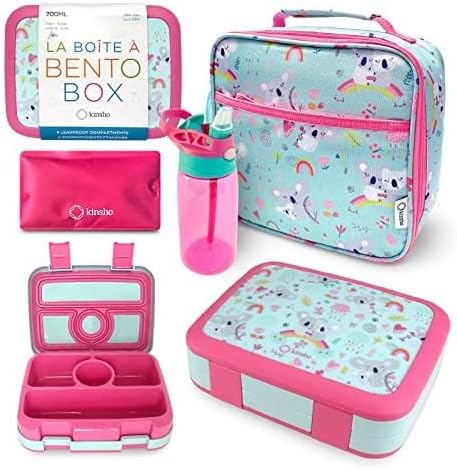 kinsho Bento Lunch Box with Water Bottle, Insulated Bag & Ice Pack Set for Kids Toddlers Girls, 4 Portion Sections, Removable Tray, Pre-School Kid Toddler Daycare Lunches, Snack Container, Pink Koala