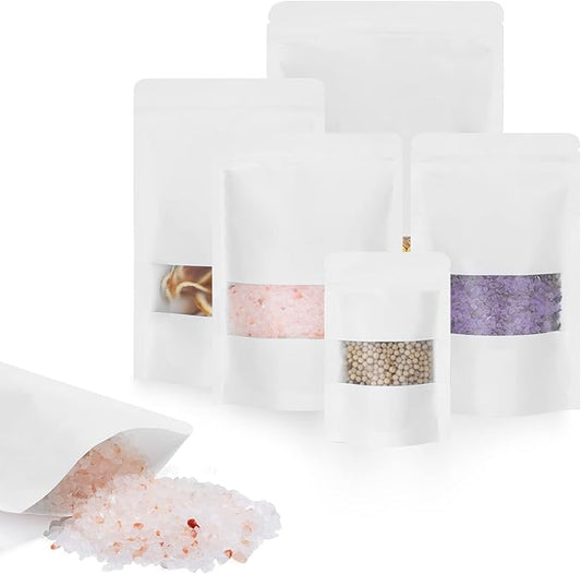 100pcs Kraft Bags with Window 3.5x5.5 Inches White Reusable Sealable Zip Lock Food Storage Stand up Paper Pouches for Home or Business