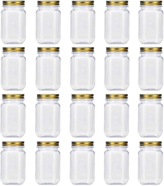 novelinks 16 Ounce Plastic Jars with Gold Lids - Round Clear Containers Storage & Household Solutions - BPA Free (20 Pack)