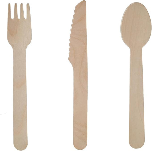 Wooden Cutlery Set - 300 Combo Utensils Disposable Wood Silverware, Party Flatware Recyclable Sustainable (Formerly FULING)