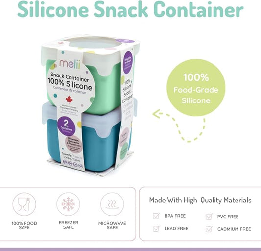 melii 100% Silicone Snack Container 2-Pack, 236ml/8oz per Container, Easy to Open Lid, Dishwasher, Microwave, Freezer safe, BPA Free - Blue and Mint