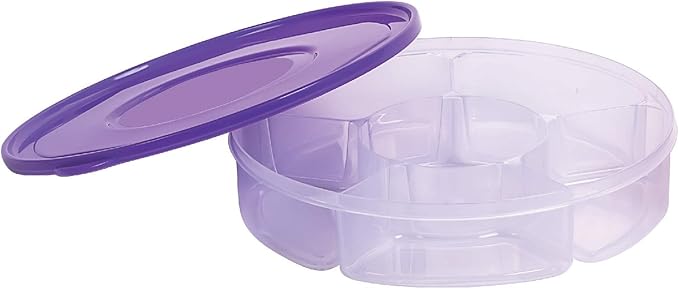 2 Pack - Candy and Nut Serving Container, Appetizer Tray with Lid, 6 Compartment Round Plastic Food Storage Lunch Organizer, Divided Christmas Keto Snack Plate, Dish Platter w/Cover, 10-Inch