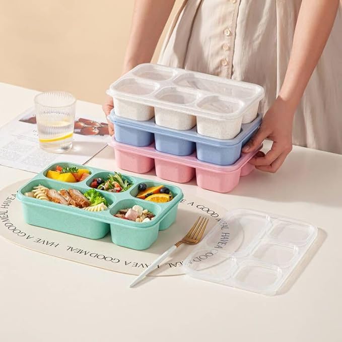 4 Pack Adult Lunch Box Snack Box for Kids, 5 Compartment Meal Prep Containers Reusable Portion Control Containers Wheat Straw Lunch Box Food Storage Containers for School, Work, Travel