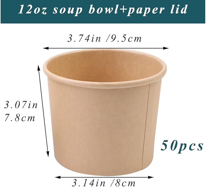 12 oz 50 Pack Paper Soup, Foods or Ice Cream Containers with Lids, Disposable Paper Food Cups, Soup Storage, Ice Cream Cups, Great For Restaurants or To-Go Lunch