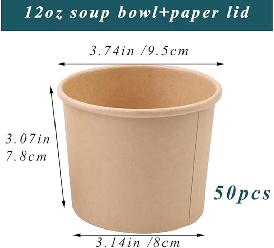 12 oz 50 Pack Paper Soup, Foods or Ice Cream Containers with Lids, Disposable Paper Food Cups, Soup Storage, Ice Cream Cups, Great For Restaurants or To-Go Lunch