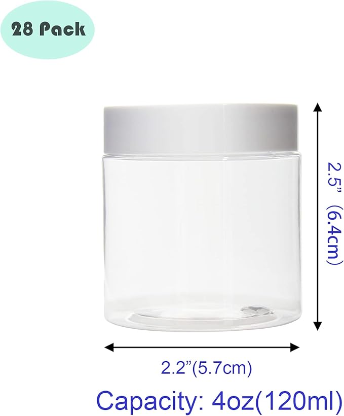28 Pack 4 oz (120 ml) Plastic Jars with White Lids, Plastic Slime Jar/Containers with Lids, Storage Favor Jars/Empty Plastic Jars for Body Butter, Cosmetics, Scrub (Clear)