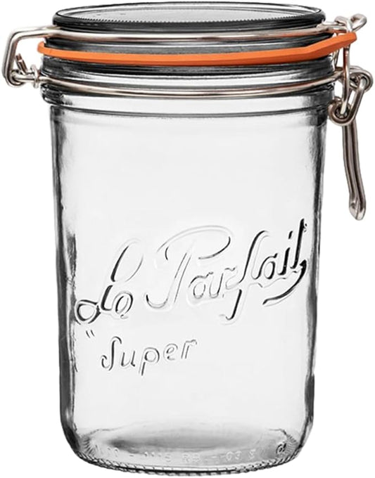Le Parfait Super Terrine - 1L French Glass Canning Jar w/Straight Body, Airtight Rubber Seal & Glass Lid, 32oz/Quart (Single Jar)